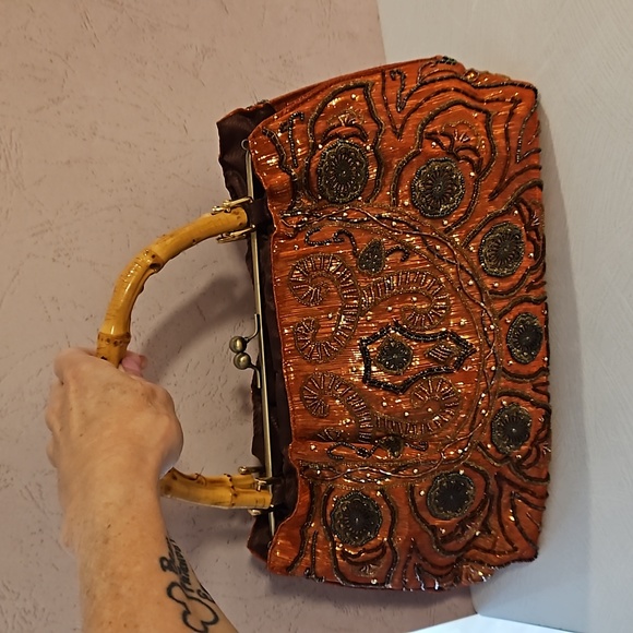 Vintage beaded metal and lurex accents bamboo handle purse clutch bag - Picture 9 of 15